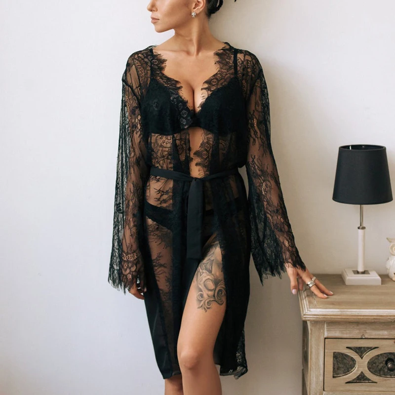 

Beta high quality wedding black lace robe women's lace kimono robe mesh nightgown