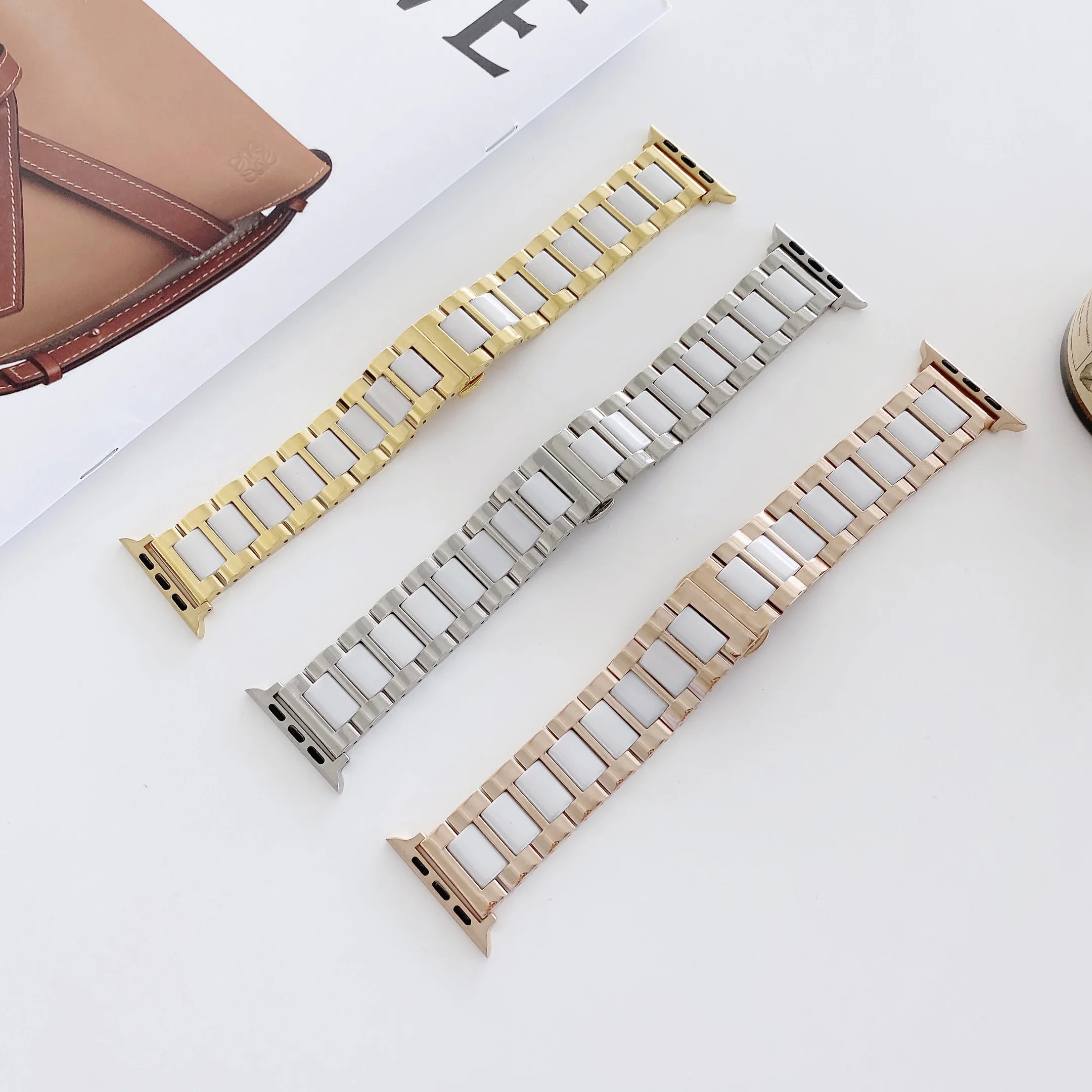 

Butterfly buckle ceramic three links stainless steel watch band strap for Apple iWatch SE 1/2/3/4/5/6 Series