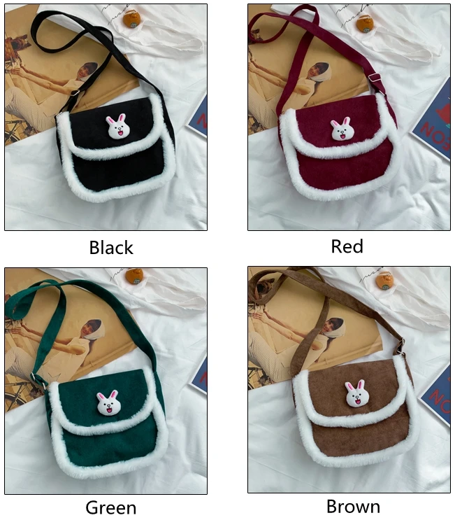 Winter warm large capacity velvet fabric ladies messenger bag cute cartoon canvas bag