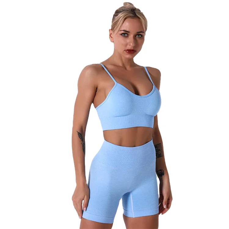 

Seamless Yoga Shorts Set 2 PCS Yoga Bra Top Fitness Sports Wear Suits Clothes Thin Yoga Set, Light blue, green, black, white,pink, purple,peach