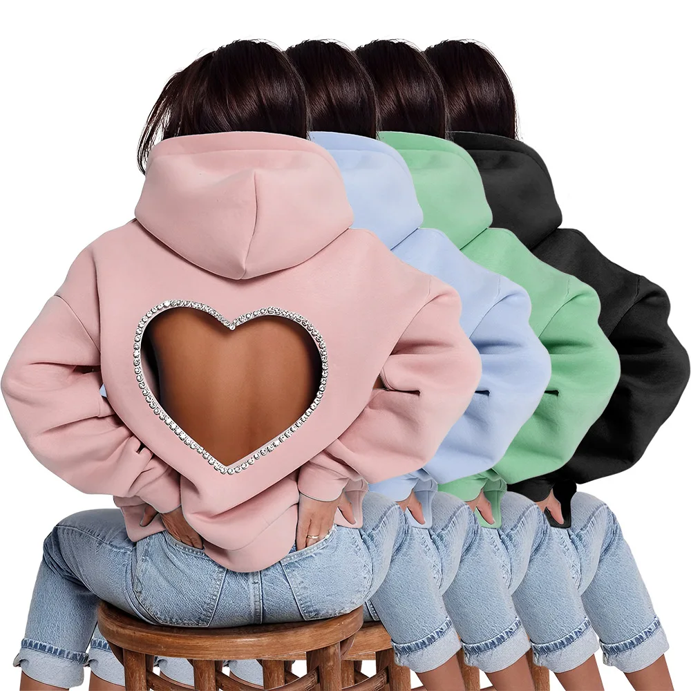 

Rhinestone Heart Cut Out Hoodie Ladies Heart Print Loose Fit Sport Solid Plus size Hooded Neck Pullover Women rhinestone hoodie