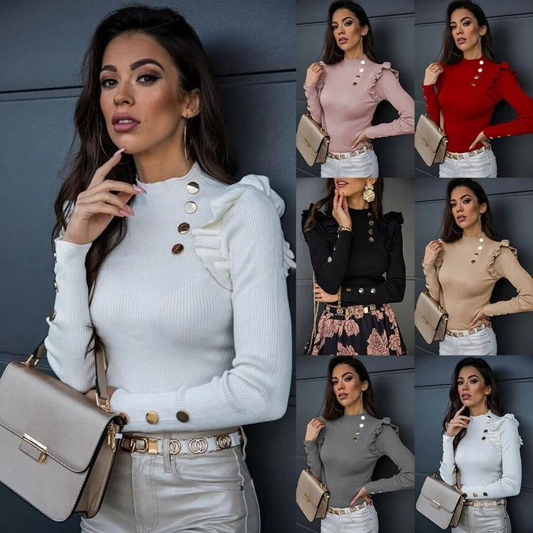 

Elegant Long Sleeve Women Ruffle Button Shirt 2021 Autumn Office Lady Fashion O-Neck Top Shirt Blouses Ladies Solid Clothing 2XL