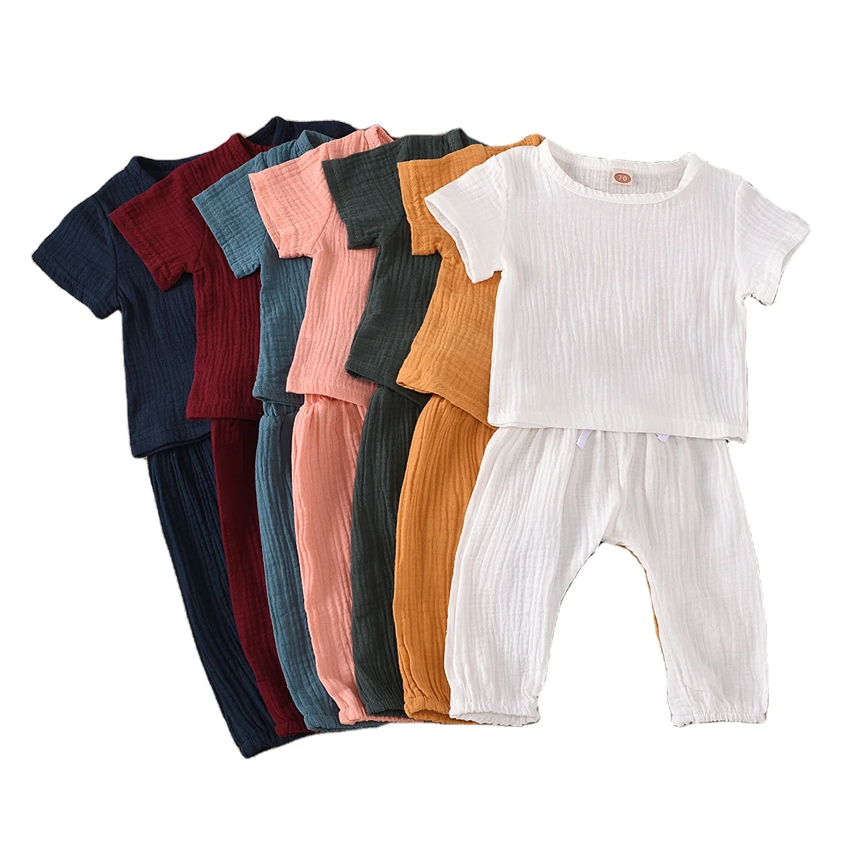 

baby clothes boys and girls solid color cotton linen long sleeve two piece set