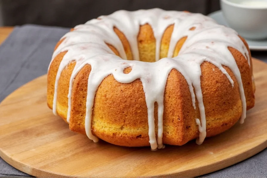 Finished cinnamon roll bundt cake with gooey sauce drizzling down the sides