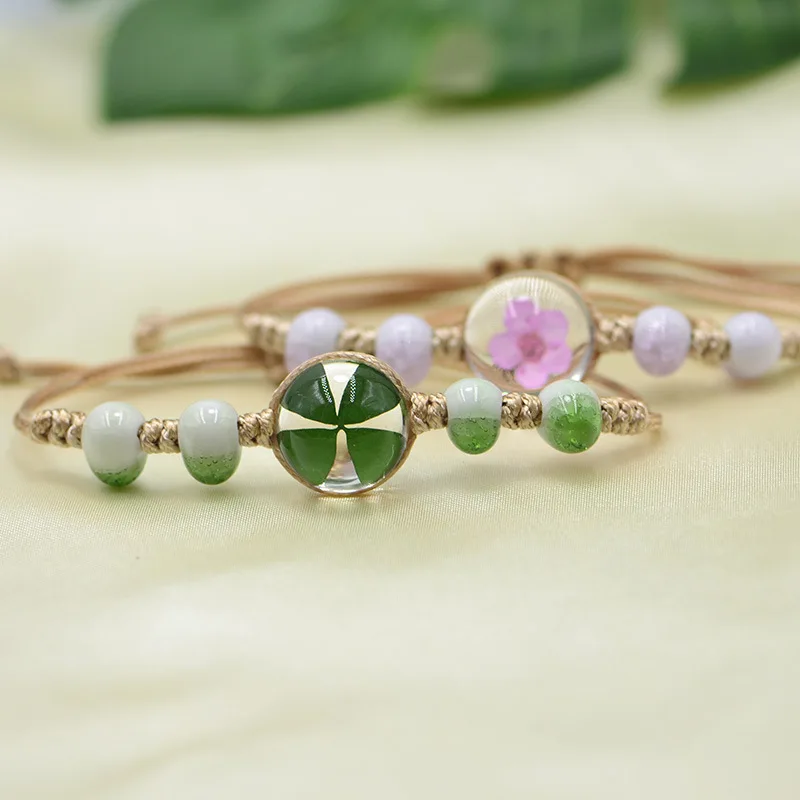 

Dried Flower Plant Bracelet Beige Pulling Snow Bead Flower Jewelry Fashion Hand Knitted