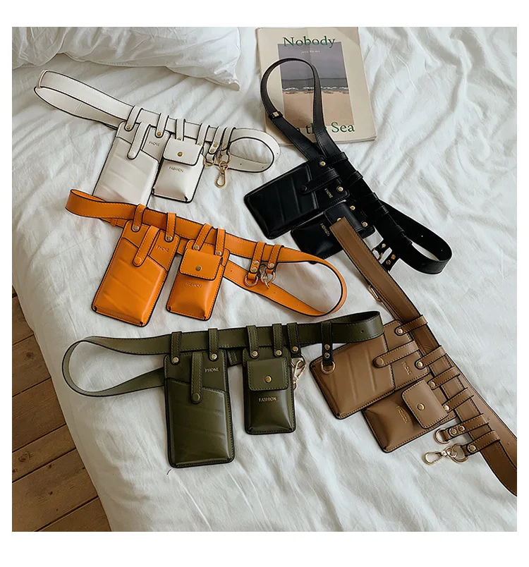 

Cool Unique Trendy Double Pocket Mini Leather Fanny Pack Cell Phone Women Belt Bag Fashion Waist Bag 2020, 16 colors