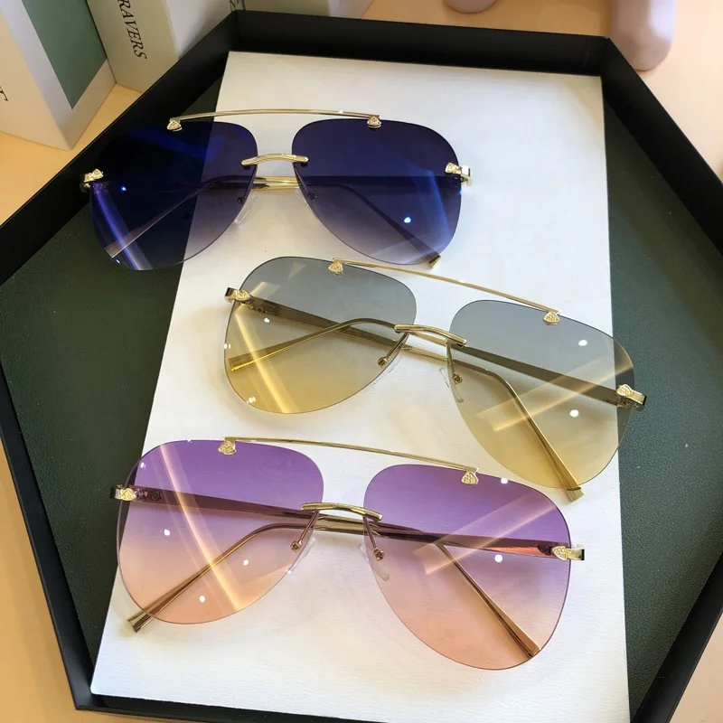 

Best selling frog lens polarized sunglasses double beam uv400 shades metal legs rimless oculus men outdoor sport sun glasses