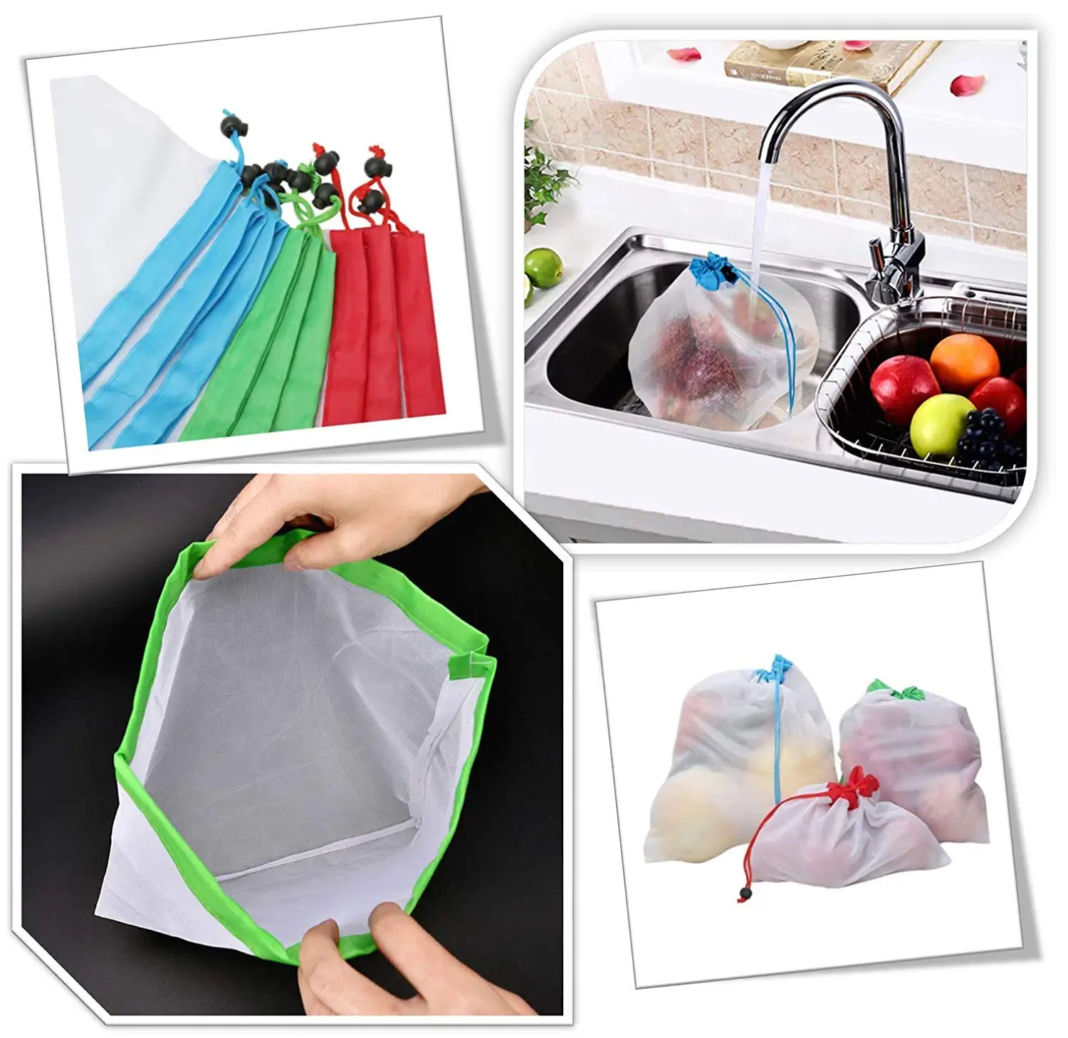 Eco Friendly Washable Reusable Vegetable Mesh Produce Bags RPET nylon Mesh produce Bag