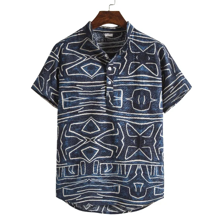 

CMTP2102 2021 Hot Sale Men'S Tie-Dye Shirt Floral Stand Collar Foreign Trade Cotton Linen Men'S Short Sleeve Shirt, Black;dark blue;white;light blue;red