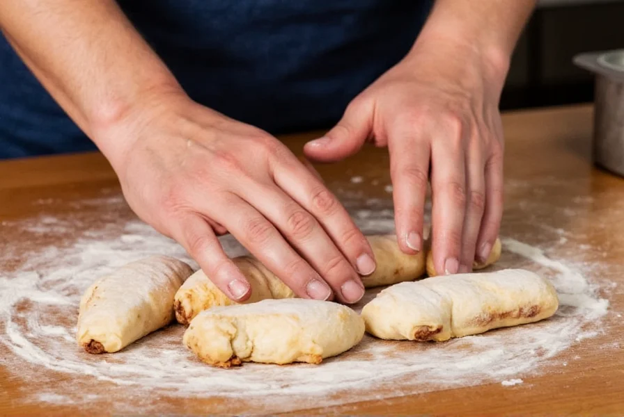 Artisan baker hand-rolling fresh cinnamon rolls with high-quality ingredients on wooden surface