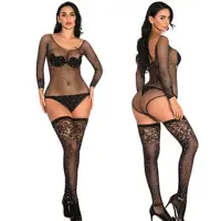 

Women Glitter Rhinestone Fishnet long sleeve bodysuit top with Stockings Tights Pantyhose bodystocking suit