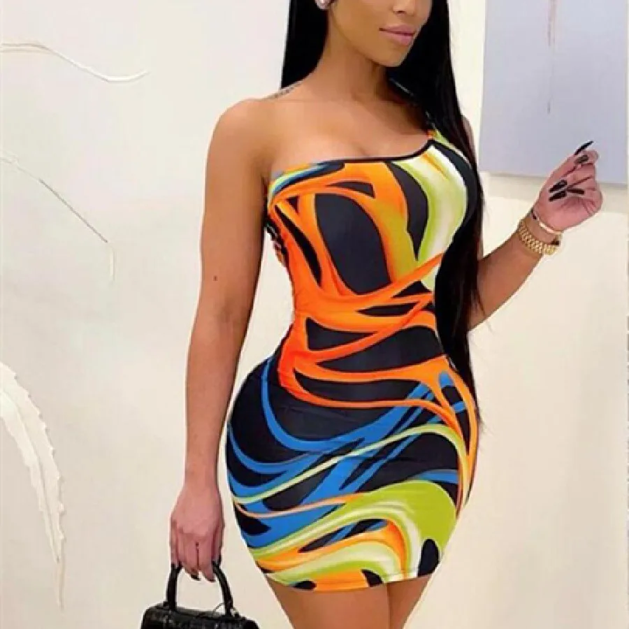 

Nibber K21D03067 New Stylish Asymmetric Striped Printed One Shoulder Sleeveless Sexy Bodycon Lady Mini Dress Women Summer Dress, Orange