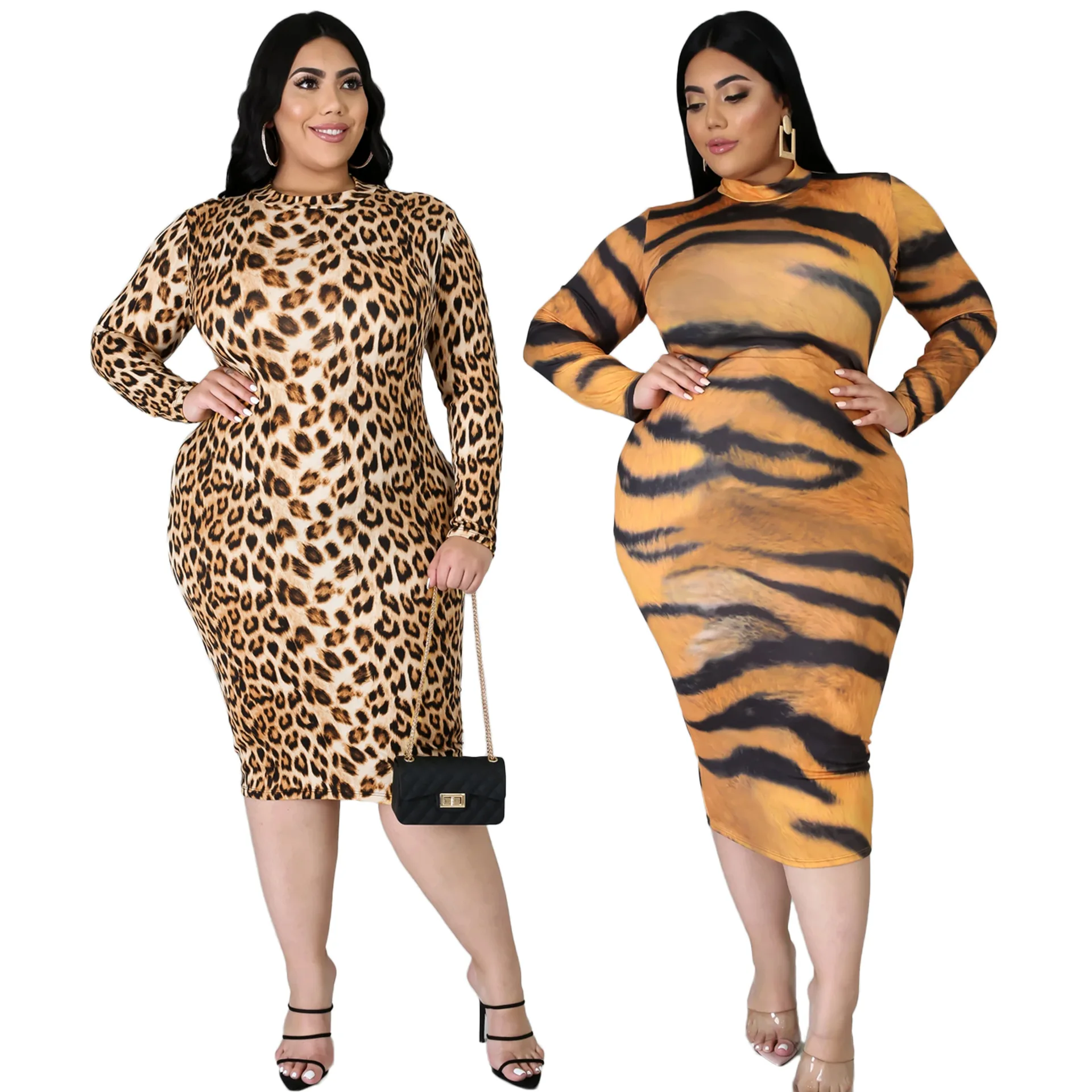 

Plus Size Skirt Trend Leopard Tiger Print Long Sleeve Slim Fit Zipper Bodycon Crew Neck Sexy Dress 2021 For Women, Shown