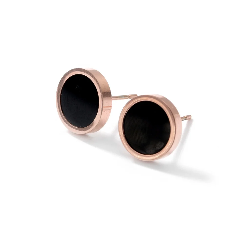Classic style minimalist round shape black agate design stud earring in gold plated stainless steel fashion jewelry for women