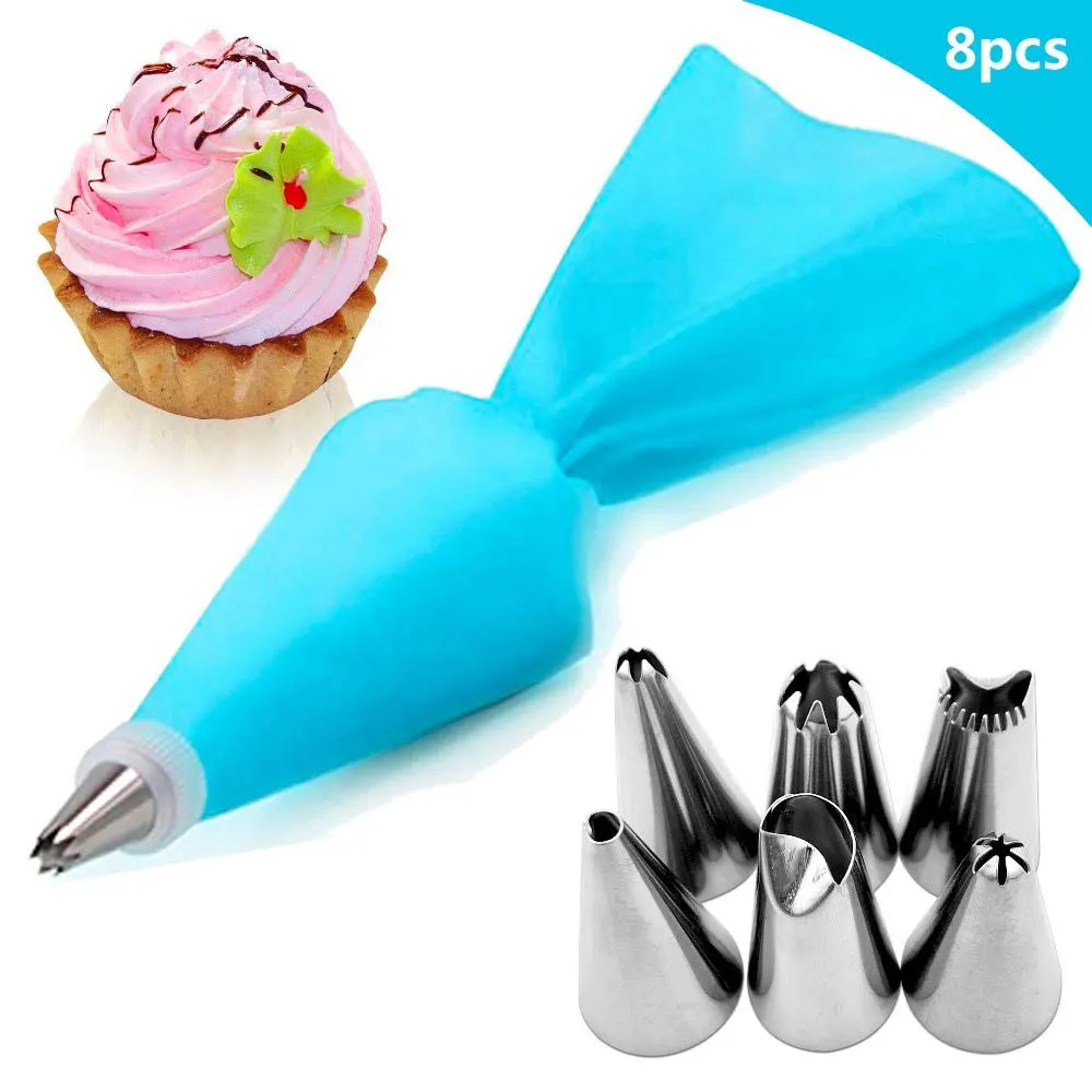 

8PCS/bag Silicone Icing Piping Cream Pastry Bag + 6 Stainless Steel Cake Nozzle DIY Cake Decorating Tips Fondant Pastry Tools