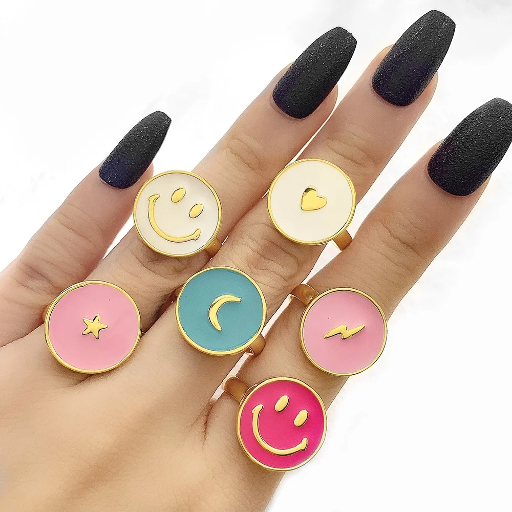 

Multi Color 18K Gold Enamel Jewelry Star Gold Plated Smile Face Enamel Rings