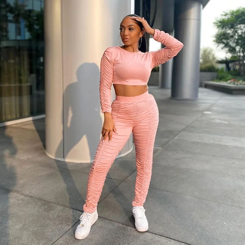 

2020 Latest Design Ruched Long Sleeve Cropped Jogger Two Piece Stacked Sweatpants And Hoodie Set, 1colors in stock