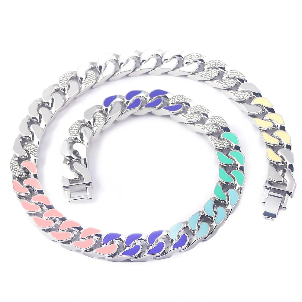

Men Hip Hop Iced Out Bling Chain 13mm Rhombus Enamel Colorful Cuban Chains Necklaces Male Fashion HipHop Jewelry Chain Necklaces, Gold sliver