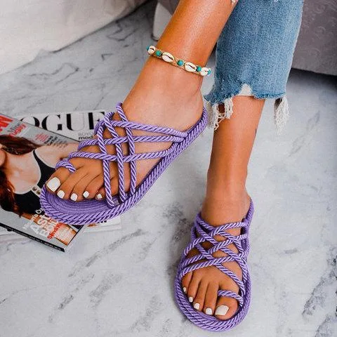 

2021 lady and female sandals handmade light weight flat casual flat rope sandals for women