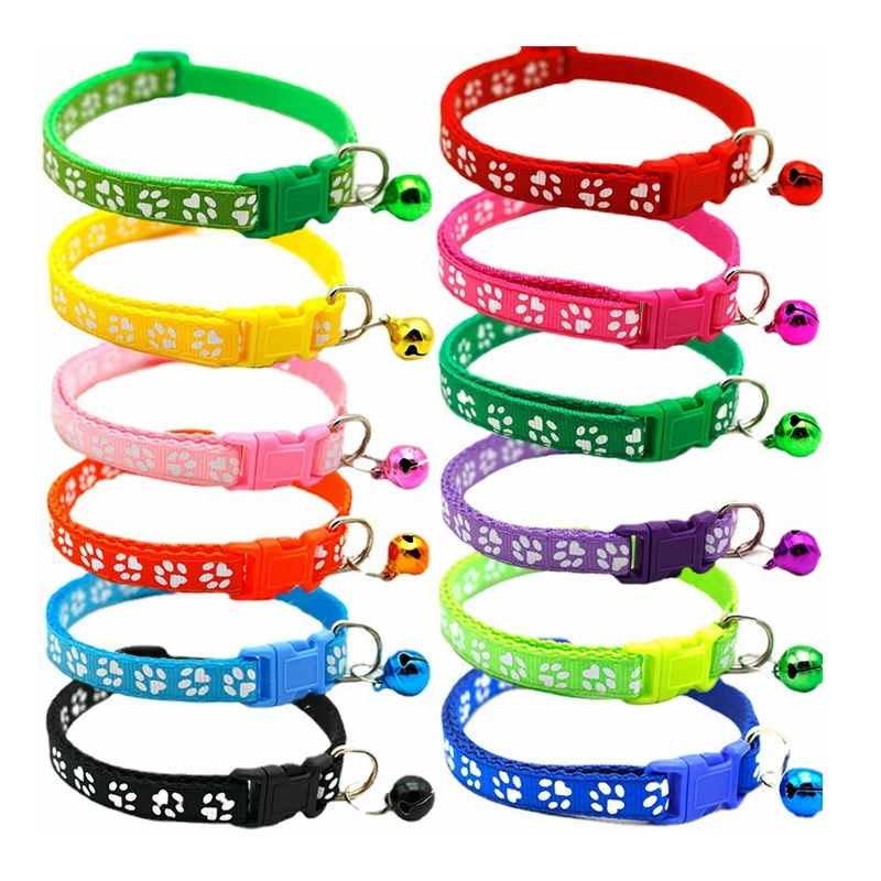 

Small Dog Puppy Bell Collars Multi Colors Paw Print Adjustable Nylon Cat Dog Collar With Bell, Multicolor