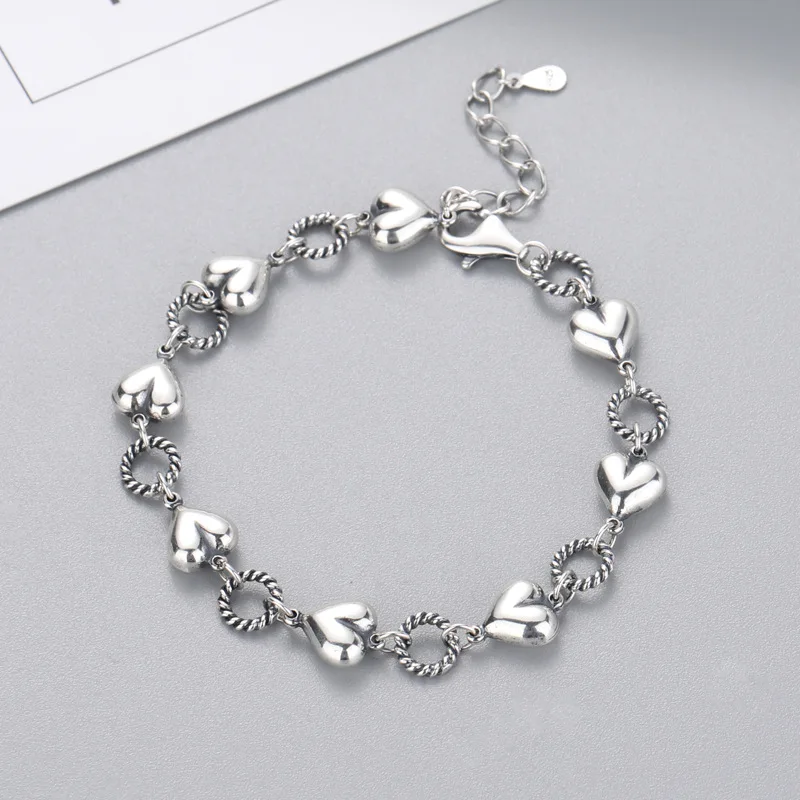 

HONGTONG Love Bangle s925 Sterlin Silver Circle Love Stitching Woven Thai Silver Bracelet Charm Bracelets Jewelry Heart Bangle