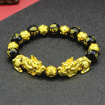 

Directly Factory Wholesale Six-Character Mantra of Lucky Gold Plated Pixiu Fengshui Black Obsidian Bracelet Jewelry