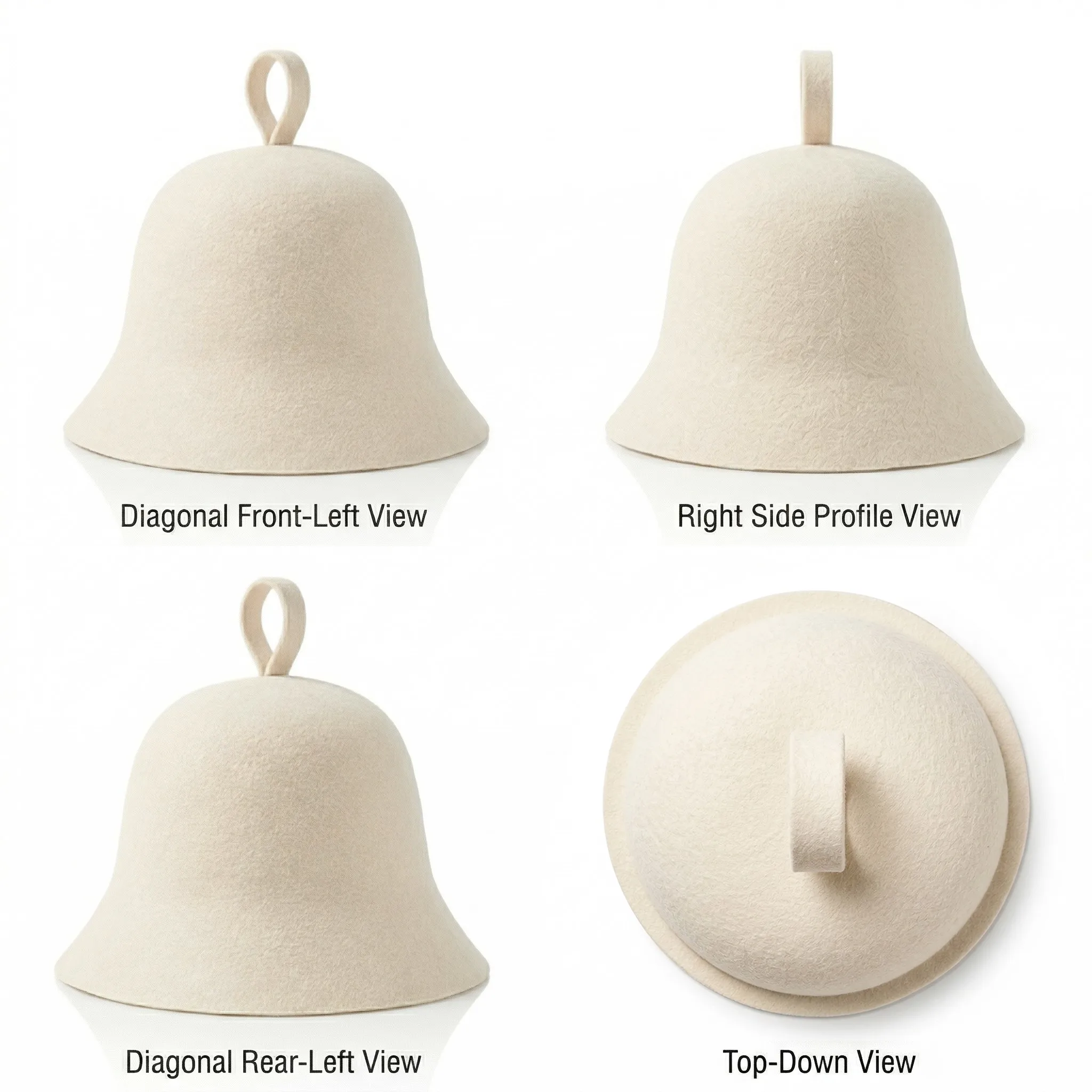 Four views of the same cream felt sauna hat: diagonal front-left, right side profile, diagonal rear-left and top-down