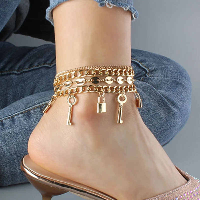 

Fashion 4pcs Set Multilayer 18k Gold Plated Beach Foot Jewelry Layered Chain Leg Anklet For Women