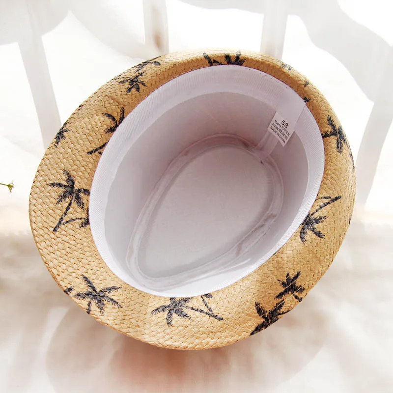 
Hot sales outdoor travelling coconut Leaf Print panama straw hat tree beach Fedora jazz straw Hat 