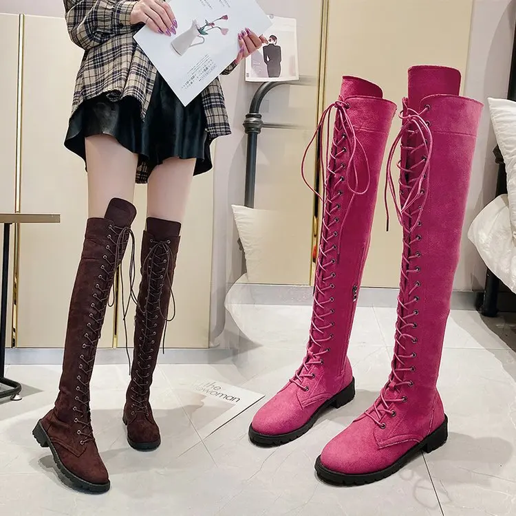 

PDEP high quality suede upper lace up ankle boots young girls fall streetwear camouflage flat knee boots for women, 6 colors