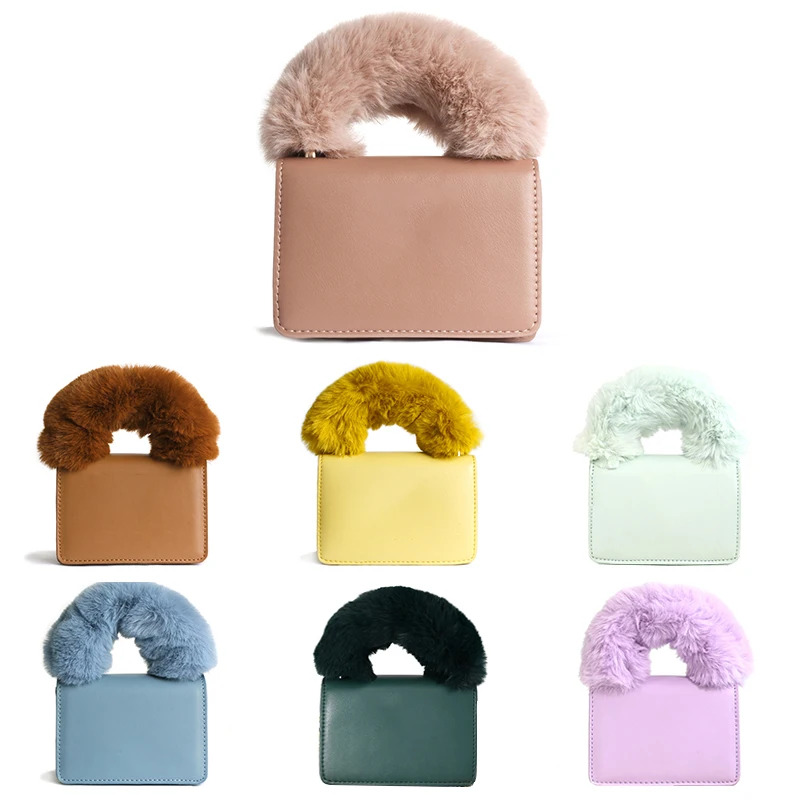 

11 Color Luxury fashion famous designer brands handbag with fur handle lady pu leather handbag