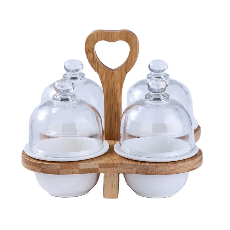 

Lanfengye Ceramic Bowl Set Dessert Snack Bowl Creative Portable Fruit Bowl Set with Wooden Stand, White