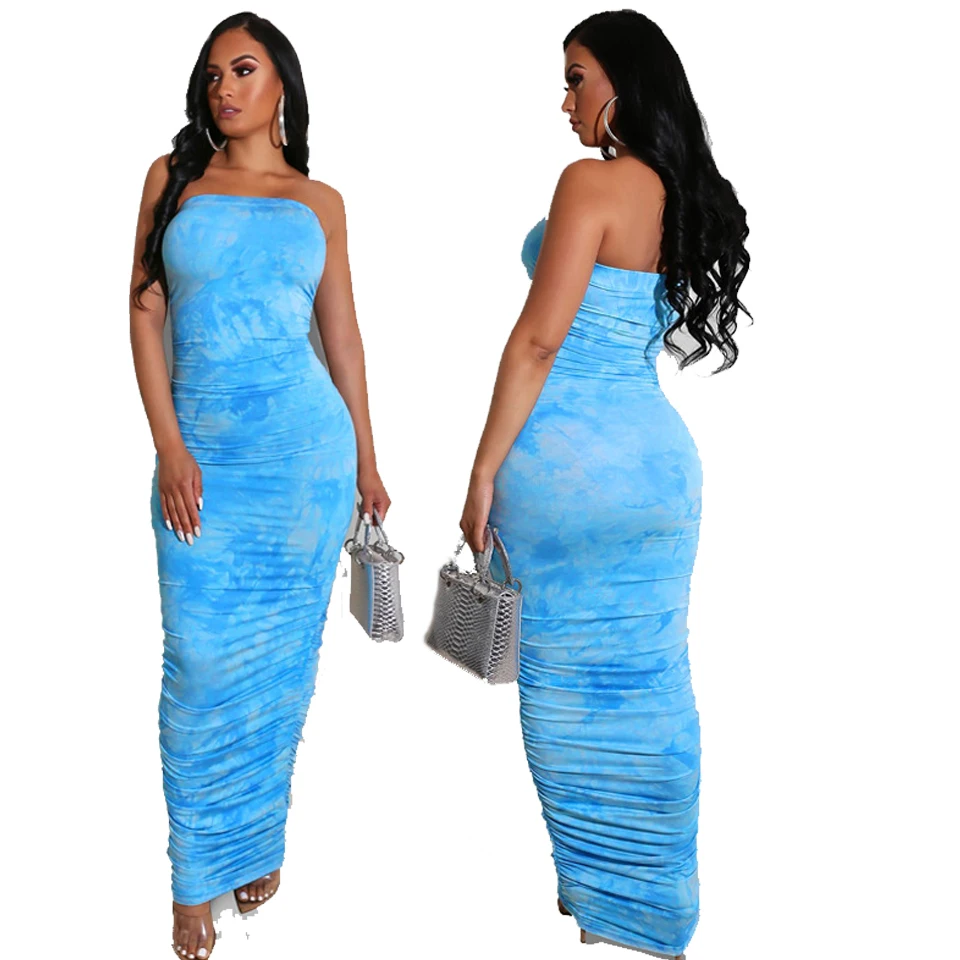 

2021 New Women's Sexy Dresses Women Summer Tube Maxi Length Tie Dyed Casual Bodycon Dresses Women Lady Elegant Club Dress