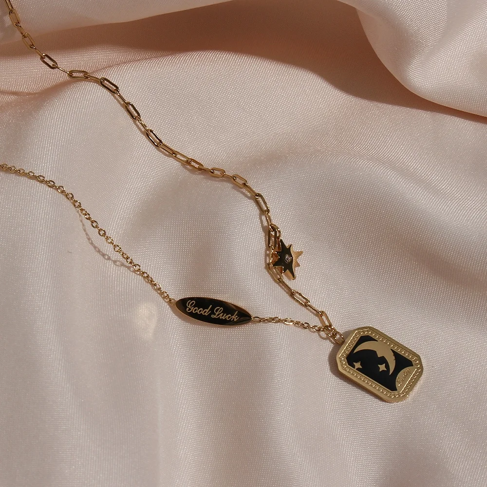 

Retro Star Moon Myth Black Enamel Good Luck Titanium Gold Plated Necklace