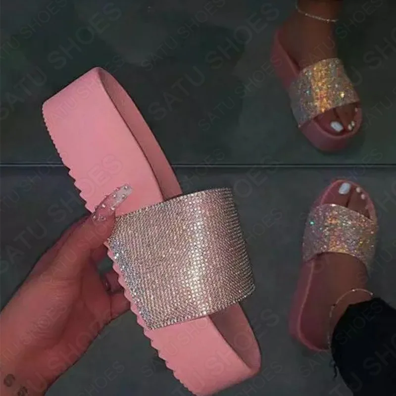

New Summer Large Size Platform Rhinestone Slippers For Women Sandals Flat Casual, Pink, blue, black