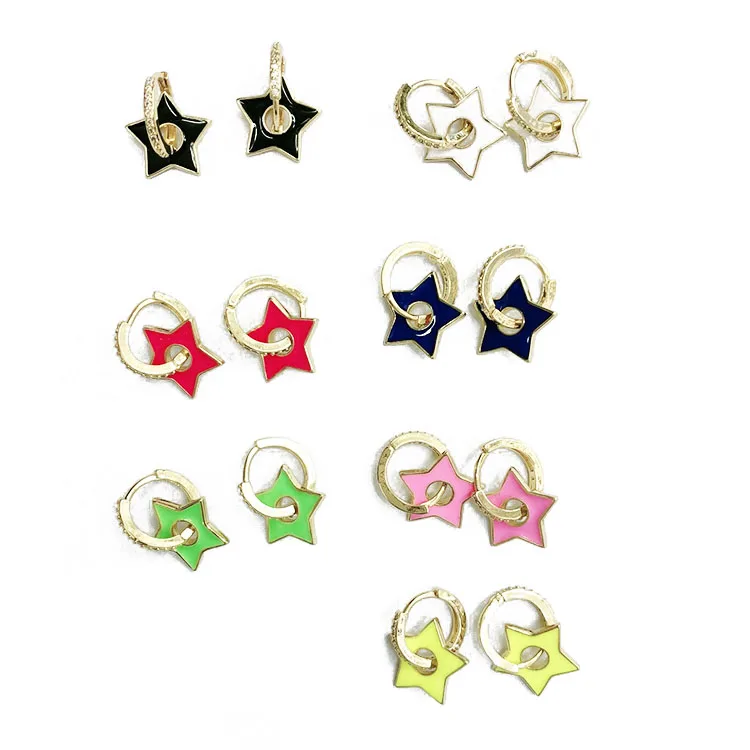 

EC1692 Chic Delicate Spring Rainbow Neon Enamel Star Charm CZ Pave Huggies Earrings for Women, Multicolor