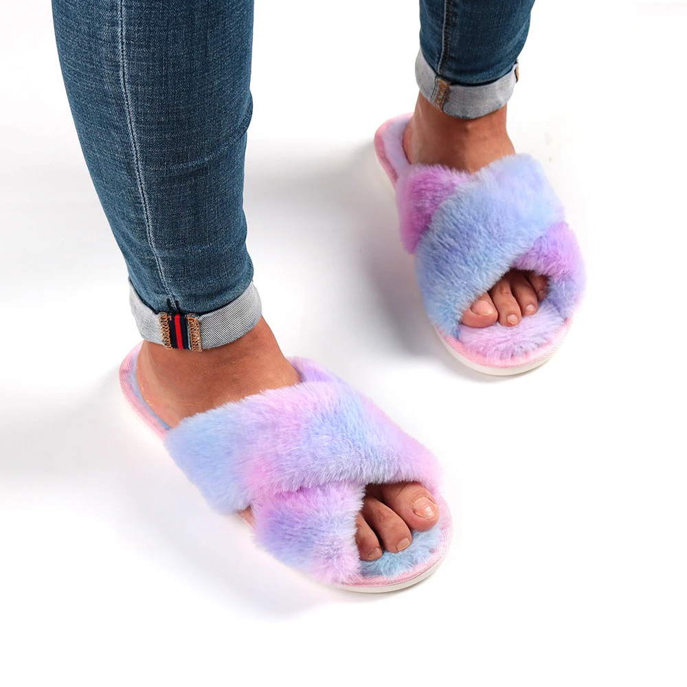 

Satin Slipper Sand Faux Real Mink Double Strap Tie Dye Racoon Women Sexy Fur Slippers
