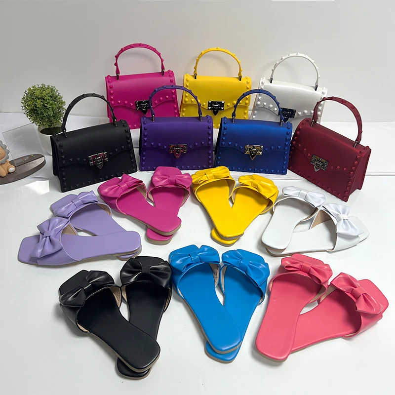 

2022 New Trendy Pvc Jelly Bag Women Hand Bags Handbags Ladies Purse And Shoe Sets Flat Sandals Matching Bags Set, Purple/black/white/red/yellow/pink/blue