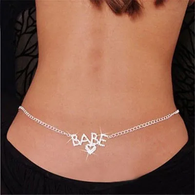 

Jachon Glittery Rhinestone Crystal BABE Letter heart Lower Back Chain Dance Prom Body Summer waist jewellery belly chain