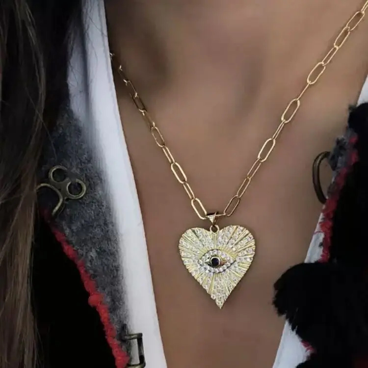 

LS-B1701 New gold high-end luxury full cz diamond heart-shaped eye chain adjustable necklace women men jewelry, As is