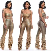 

Two-piece suit women clothing sleeveless bronzing gold sequin print fashion long clubwear party pants FM-HG5293