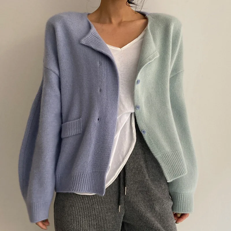 

Color block coat Knitted Cardigan Sweater Women's O-neck Long Sleeve Plus Size Outer Wear Short Casual and Fashion Base Shirts, Solid