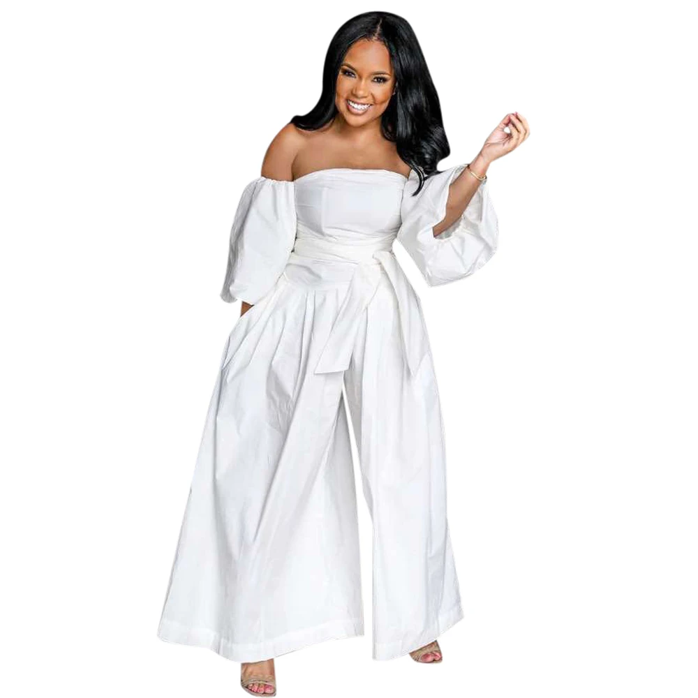 

O8297-hot selling off shoulder puff sleeve wide leg bandage women jumpsuits