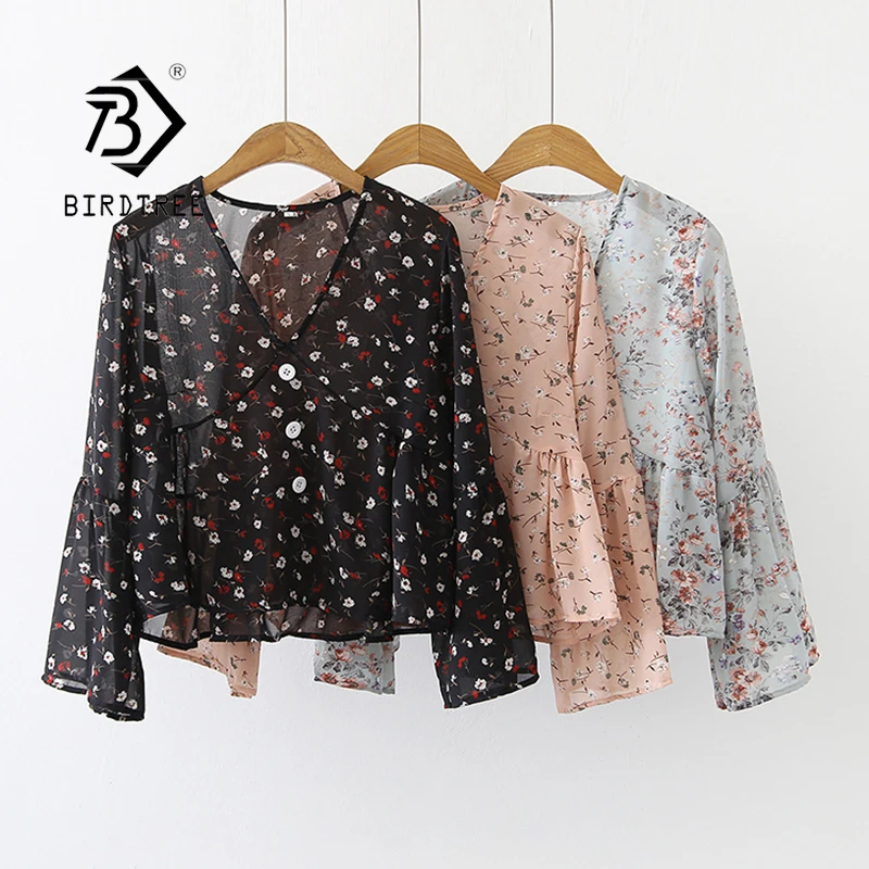 

Cropped Chiffon Blouses And Tops Summer Spring Girls V Neck Flare Sleeve Shirt Clothing Casual Long Sleeve Floral Blouse T0D718T, 4 colour