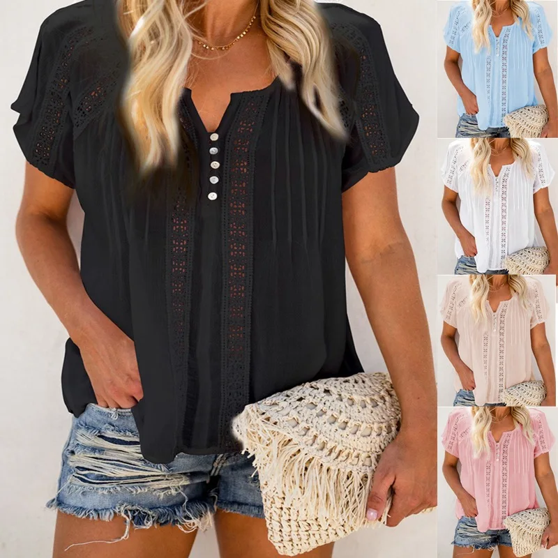 

Women 2021 New Solid Color Hollow Top V-neck Pullover Short-sleeved T-shirt