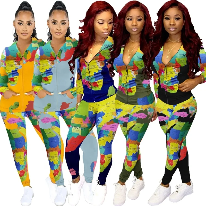 

Map Printed Two Piece Sweatsuits Outfits Form Women Amazon Hot Sale Tracksuits