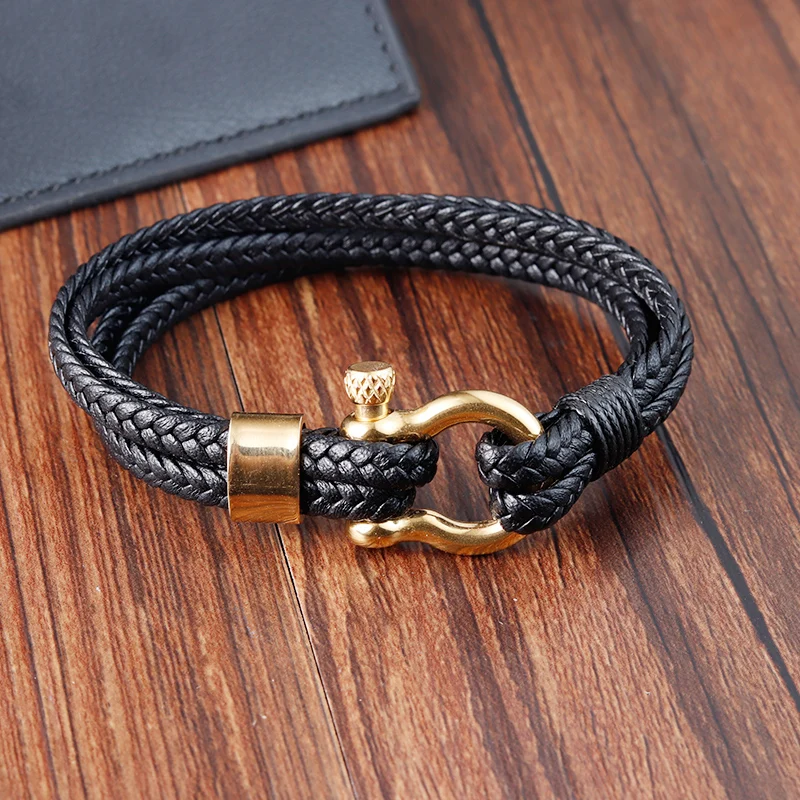 

Factory Wholesale Multi-Layer Hand-Braided Cowhide Rope Magnet Clasp Stainless Steel Cross Leather Bracelet Men In Gold color