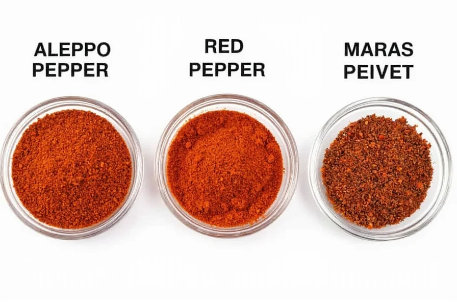 Close-up comparison of Aleppo pepper and common substitutes including crushed red pepper, paprika, and Maras pepper arranged in small bowls