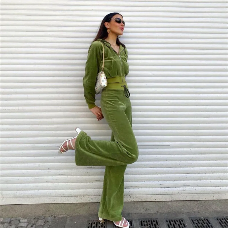 

2021 Fall Two Piece Pants Set Clothing Solid Velvet Hoodie Zipper Long Sleeve