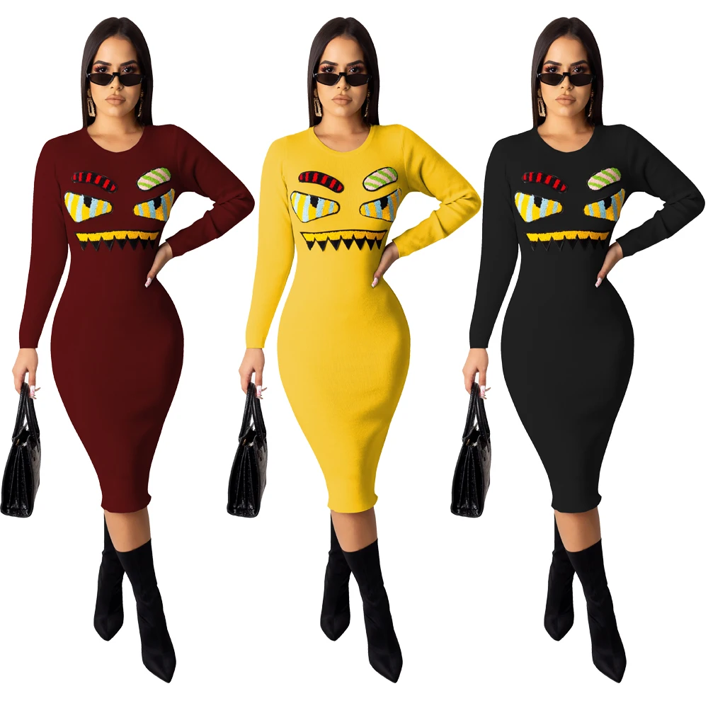 

Women clothing long sleeve embroidered large eyes bodycon casual dress for ladies FM-TS986, As picture